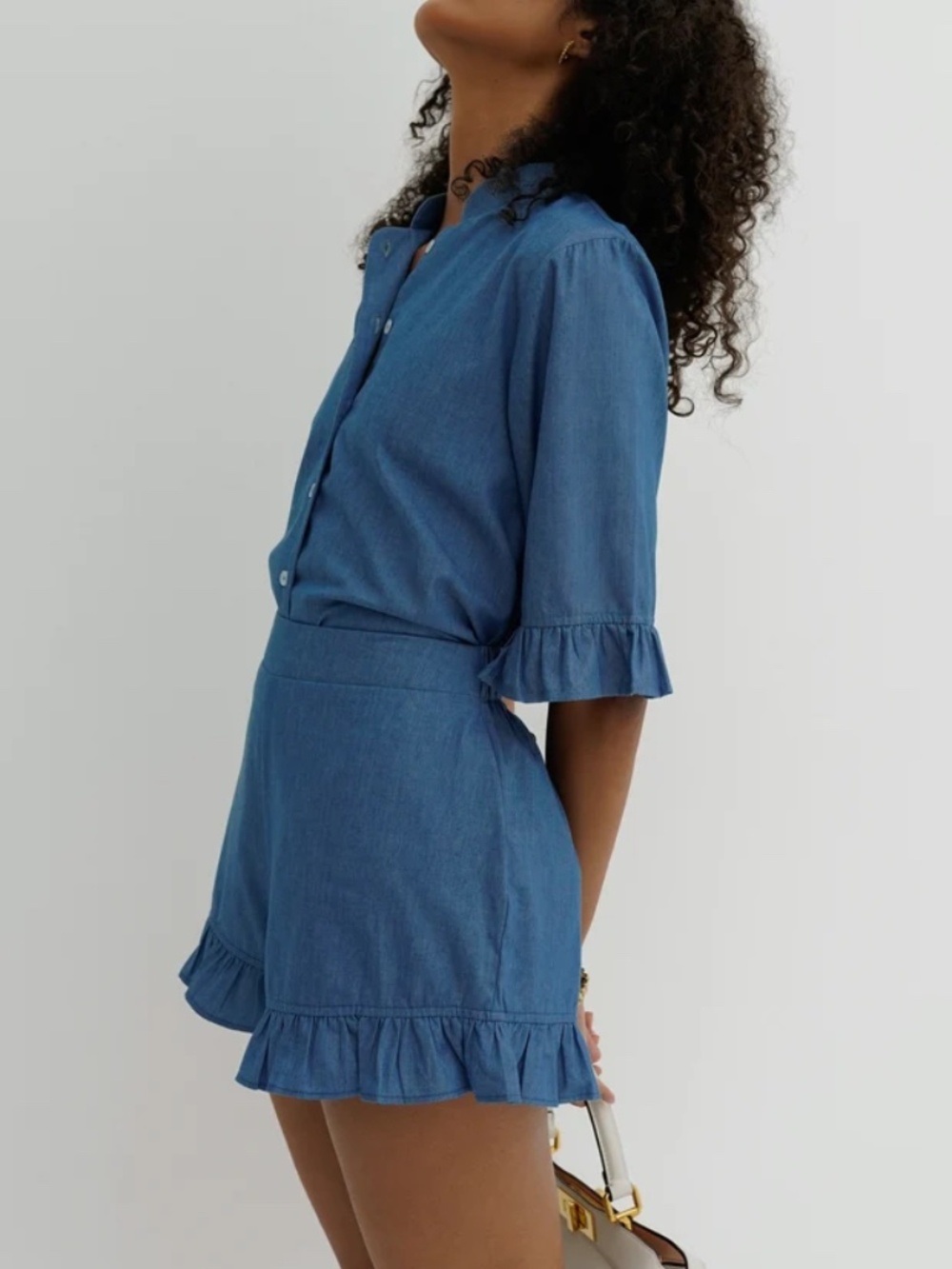 Riviera Chambray frill shirt and shorts set in BLUE